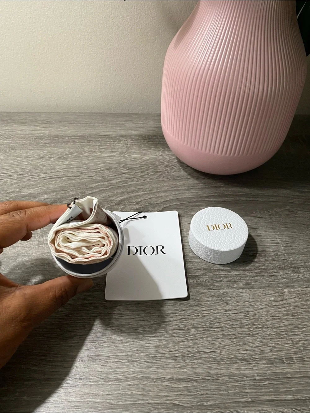Christian Dior Cream and Blush Pink Logo Twilly Scarf